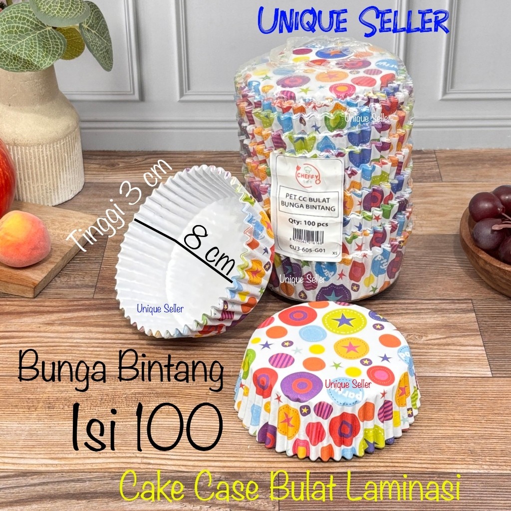 Isi100 Cake Case Bulat Laminasi 8cm Bunga Bintang Anti Minyak Cup Cake PET CC 8 cm Kertas Alas Kue R