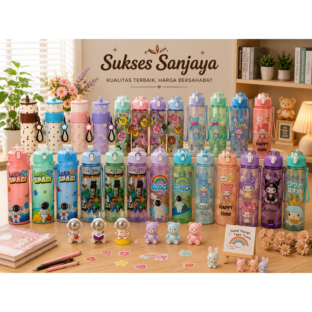 *Botol Minum Sanrio Bahan Tritan New Design Free 900 ml Karakter Lucu
