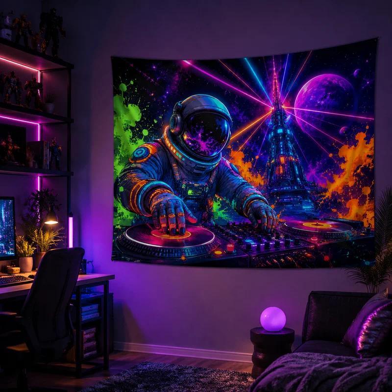 VIKAMA Neon DJ Astronaut Tapestry, Psyedelic Space DJ Booth Electronic Music Sci-Fi Wall Hanging, Be