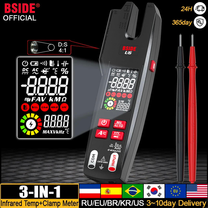 BSIDE Professional Digital Clamp Meter U6 Fork 600A Ammeter Pliers T-RMS DC AC Current OpenJaw Elect