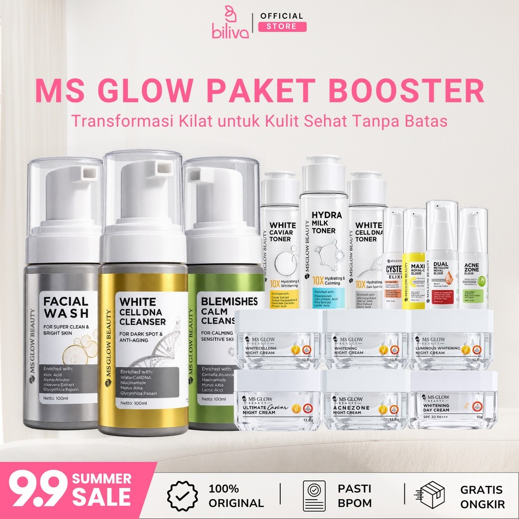 MS Glow Paket Wajah Skin care Original 1 Set Lengkap New Booster Elixir Whitening Acne Luminous WCD 