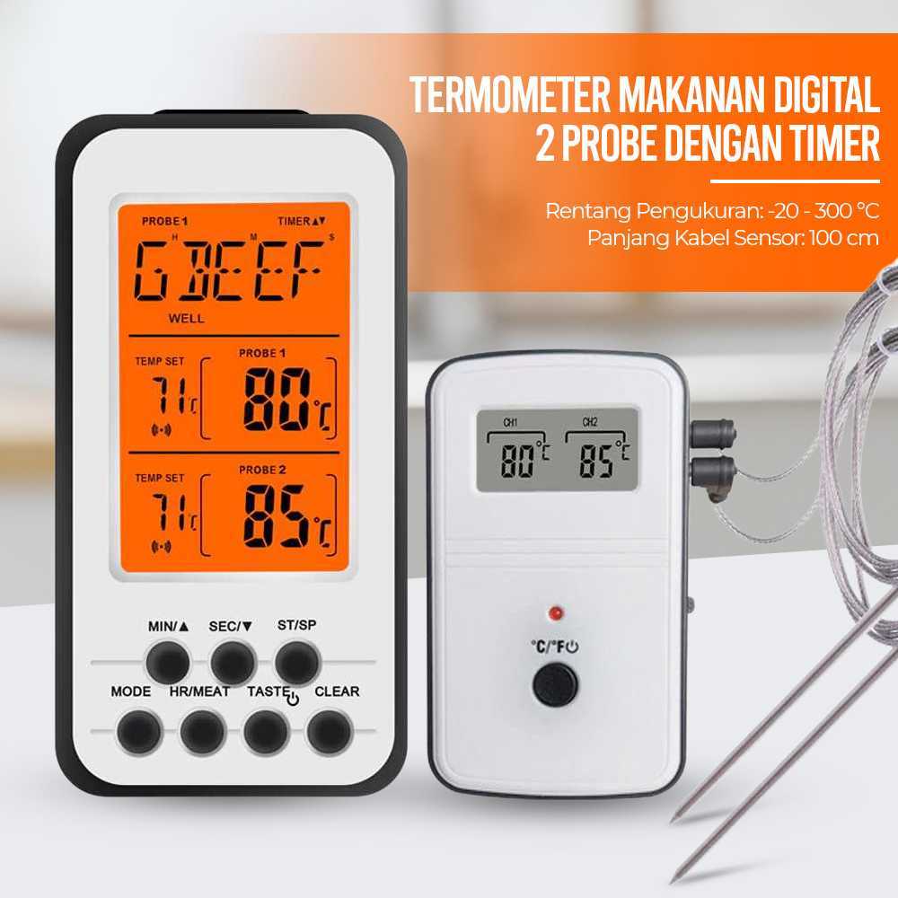 Anpro Termometer Makanan Digital Wireless 2 Probe LCD Backlight Timer Celsius Fahrenheit KN6008-2