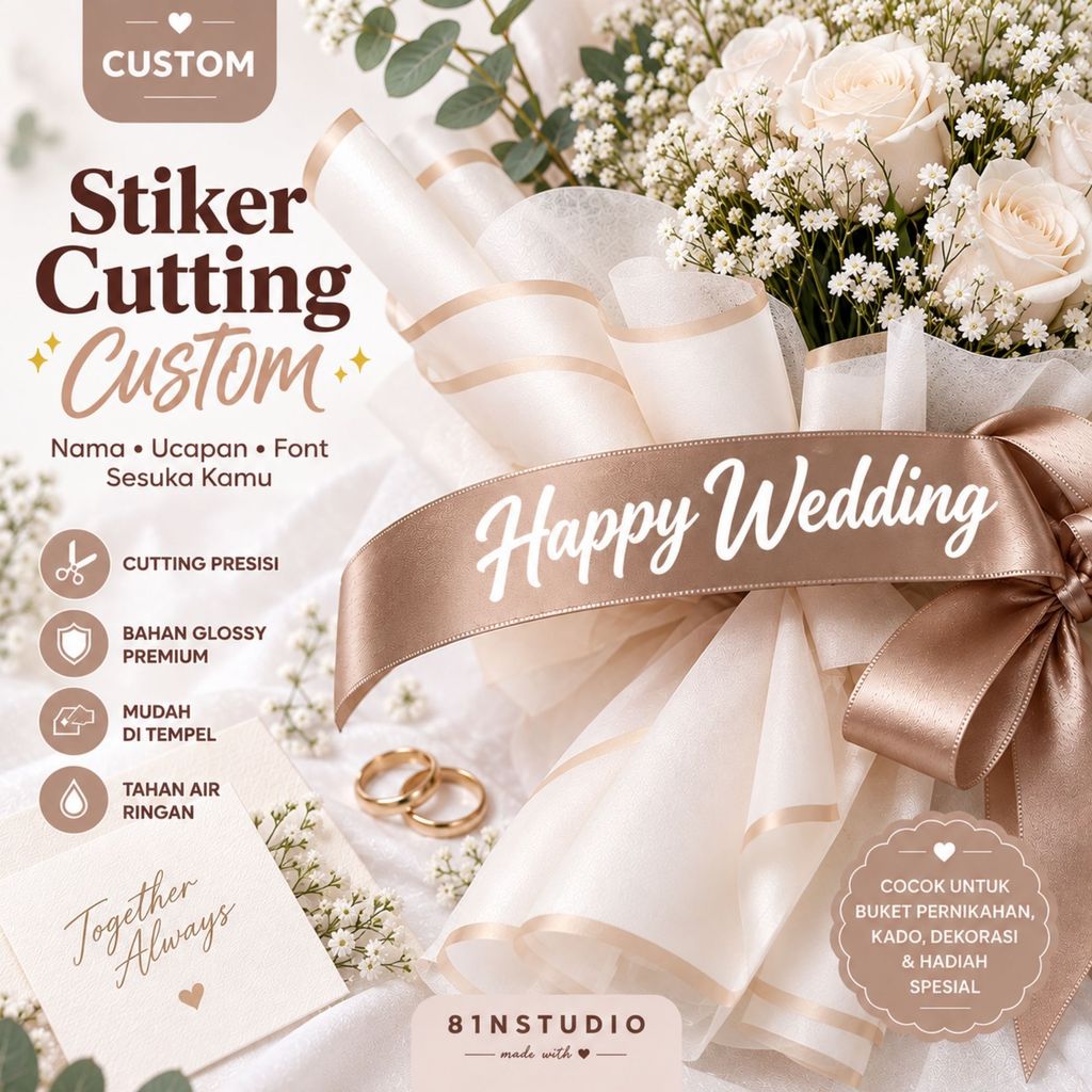 Custom Stiker Pita Happy Wedding Nama & Ucapan | Happy Wedding | Cutting Sticker Pita Satin Buket Bu