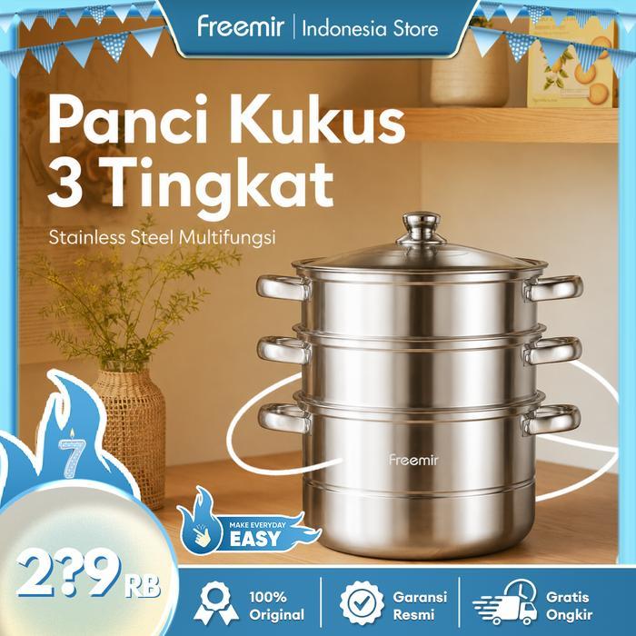 AA [Exclusive] freemir Panci Kukus 3 Susun Kukusan Tinggi Kukus Dimsum Bolu Multifungsi Stainless St