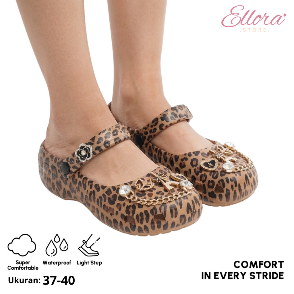 Ellora Shoes Sandal Kodok Wanita Baim Parisian Leopard Macan Tutul Baddie Mary Jane Clogs Eva dan Ka