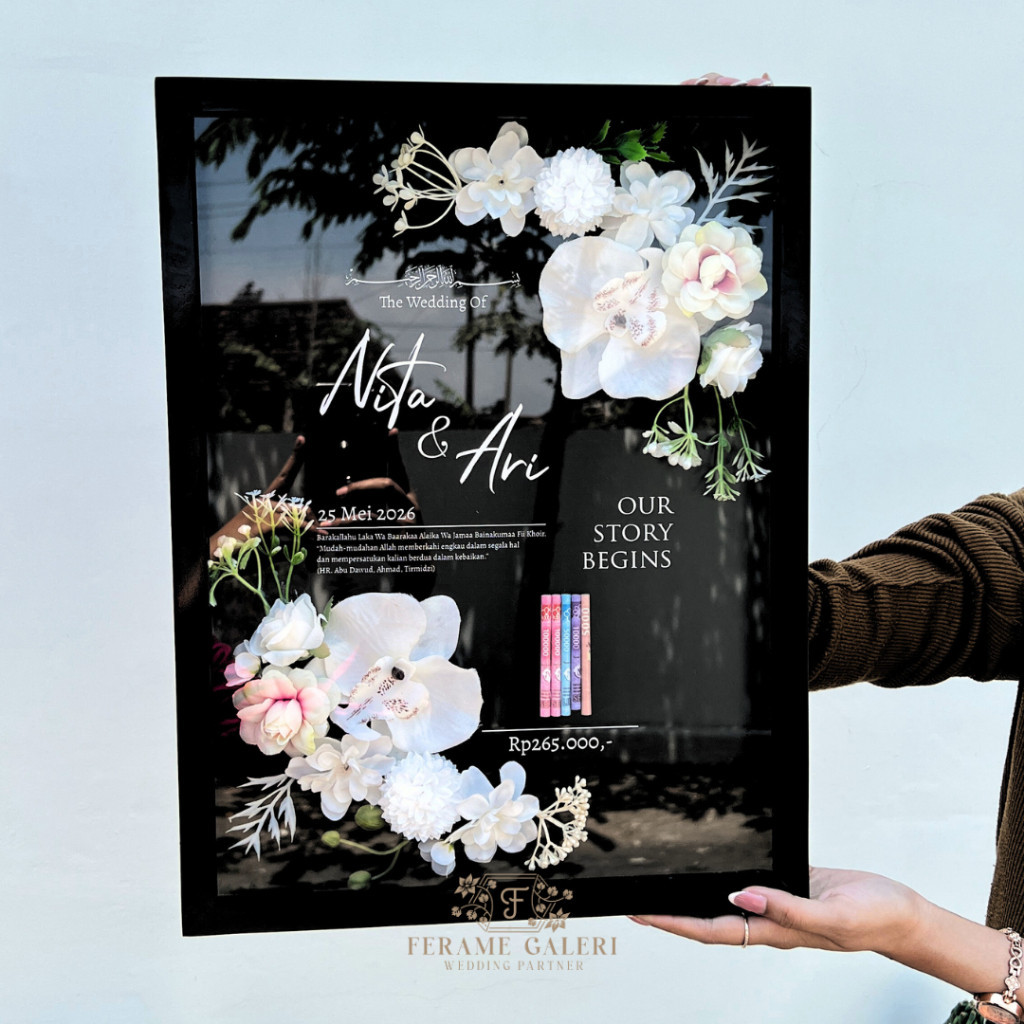 Bingkai Mahar Pernikahan 30x40 - Bingkai Mahar Akrilik Bunga Anggrek Tema Black White - Mahar 30x40