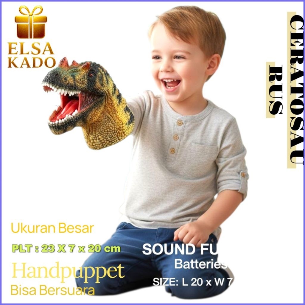 Mainan Hand Puppet Dinosaurus Ceratosaurus Ukuran Besar Bersuara Sarung Tangan Dino Karet