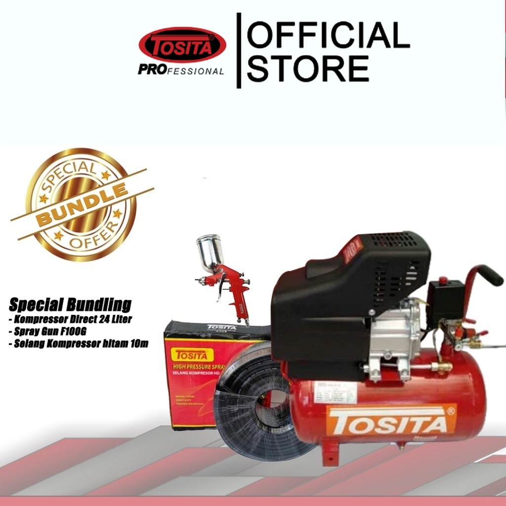 TOSITA - (Special Bundling) Kompresor 24L Direct + Spray Gun F100G + Selang Kompresor 10M | Siap Pak