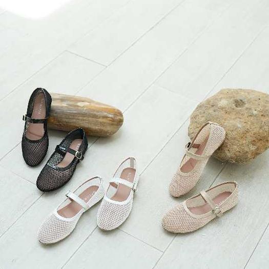 SAHIKU - Candice Mesh Flat Shoes Balet Fishnet Mary Jane Flatshoes Jaring Net Korean Style Wanita
