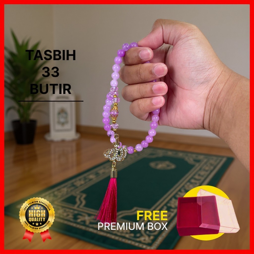 Tasbih Giok Ungu Muda Lavender / Tasbih Batu Alam Elegan / Tali Karet Elastis Premium
