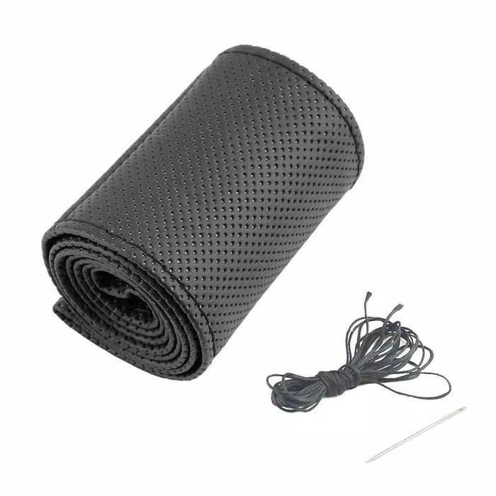 Cover Stir/Sarung Stir Bahan Kulit dengan Benang Jahit untuk Mobil - HITAM 38cm