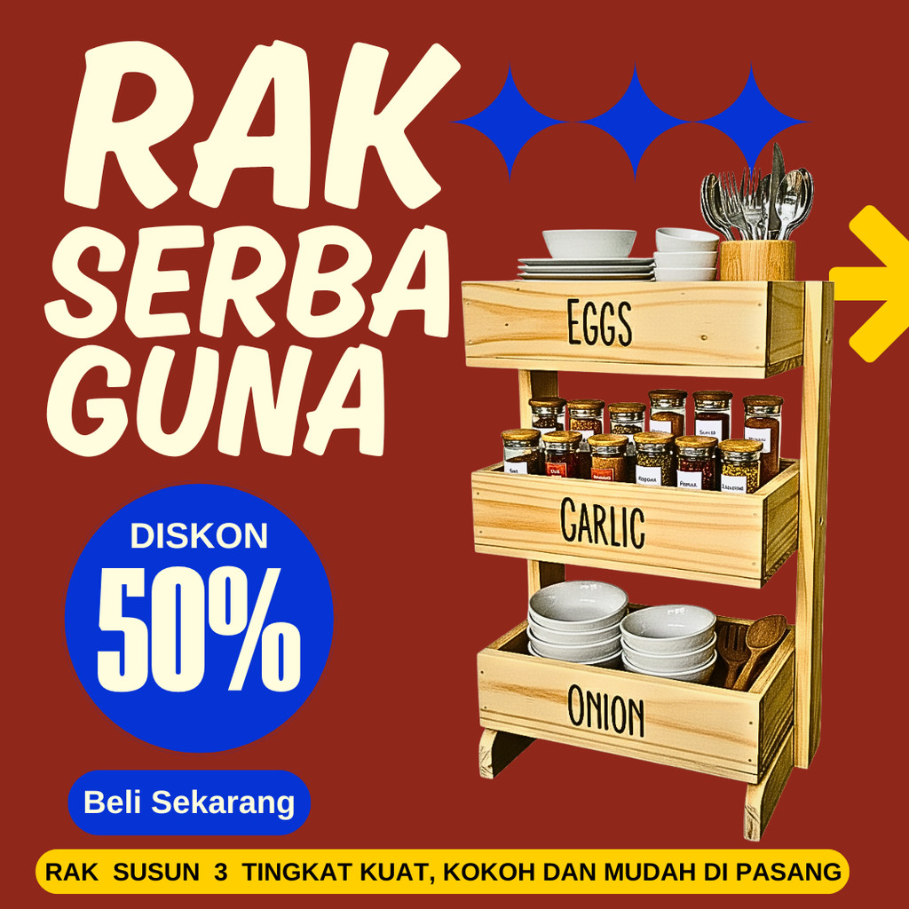 Rak bawang kayu 3 susun / Rak dapur / Rak kosmetik/ Rak perkakas/ Rak bawang