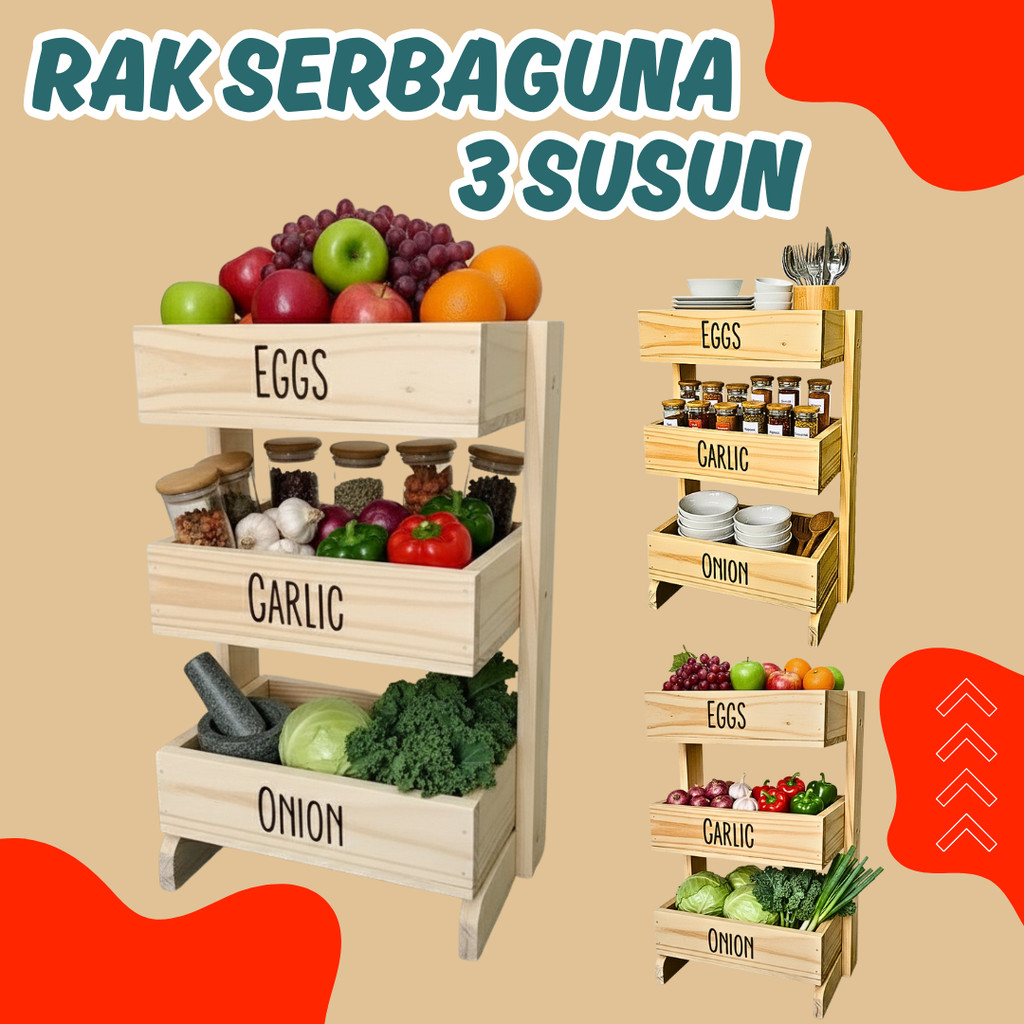 Rak bawang kayu 3 susun / Rak dapur / Rak kosmetik/ Rak perkakas/ Rak bawang