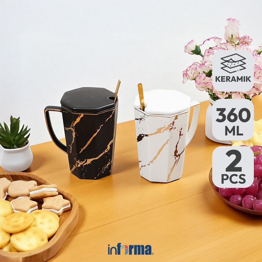 Informa Appetite Sieben Mug Keramik Dengan Sendok & Tutup 360 ml Set 2 Pcs - Hitam/Putih Gelas Minum