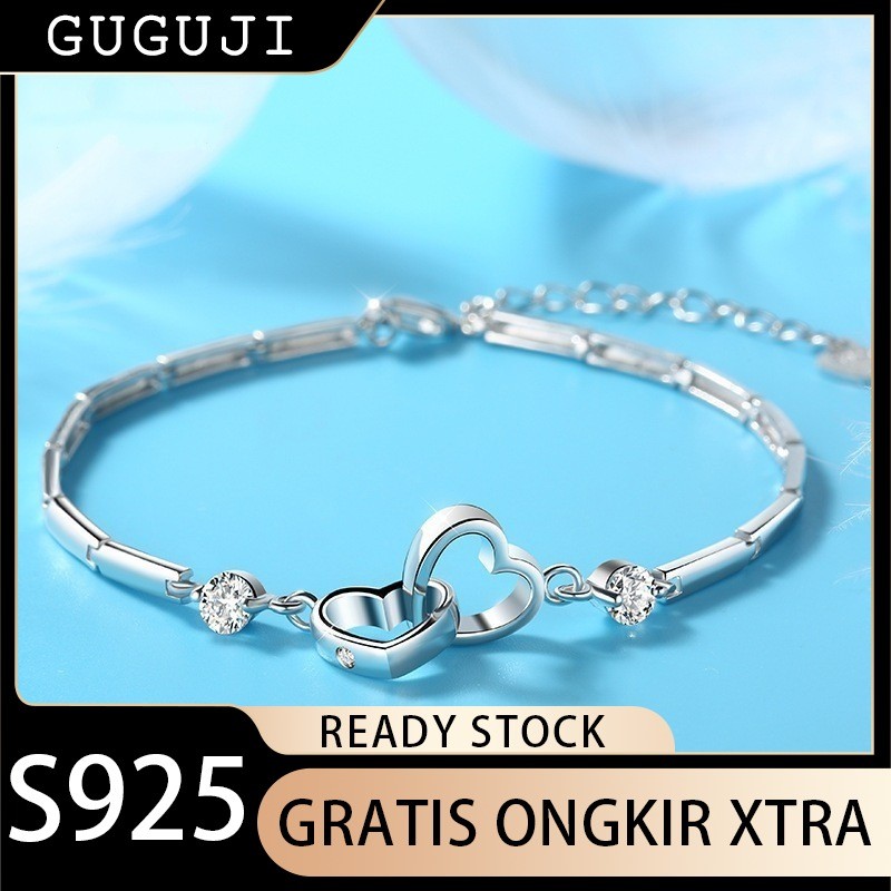GUGUJI Gelang Perak 925 Jepang dan Korea dengan Kepribadian Manis Sederhana Gelang Hati Ganda Gelang