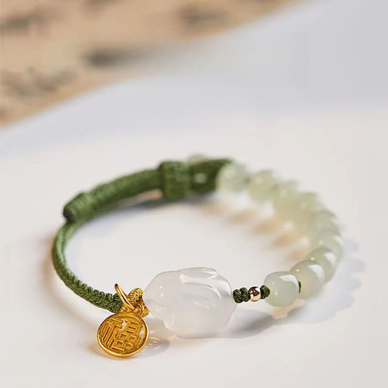 Gelang Kelinci Giok Tahun Zodiak Liontin Keberuntungan Giok Hetian Tali Merah Unisex