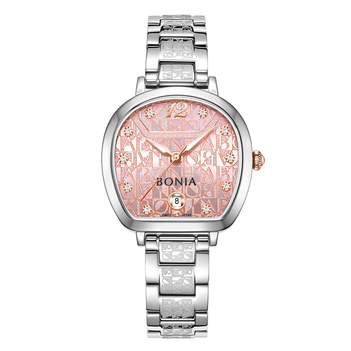 Promo Original Jam Tangan Wanita Bonia Sonia Pink Monogram Dial Stainless Steel Strap Analog B10746-