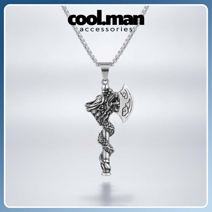 Kalung Pria Wanita  Wanita Stainless Steel Liontin Kapak Naga Viking (Viking Dragon Axe Pendant Neck