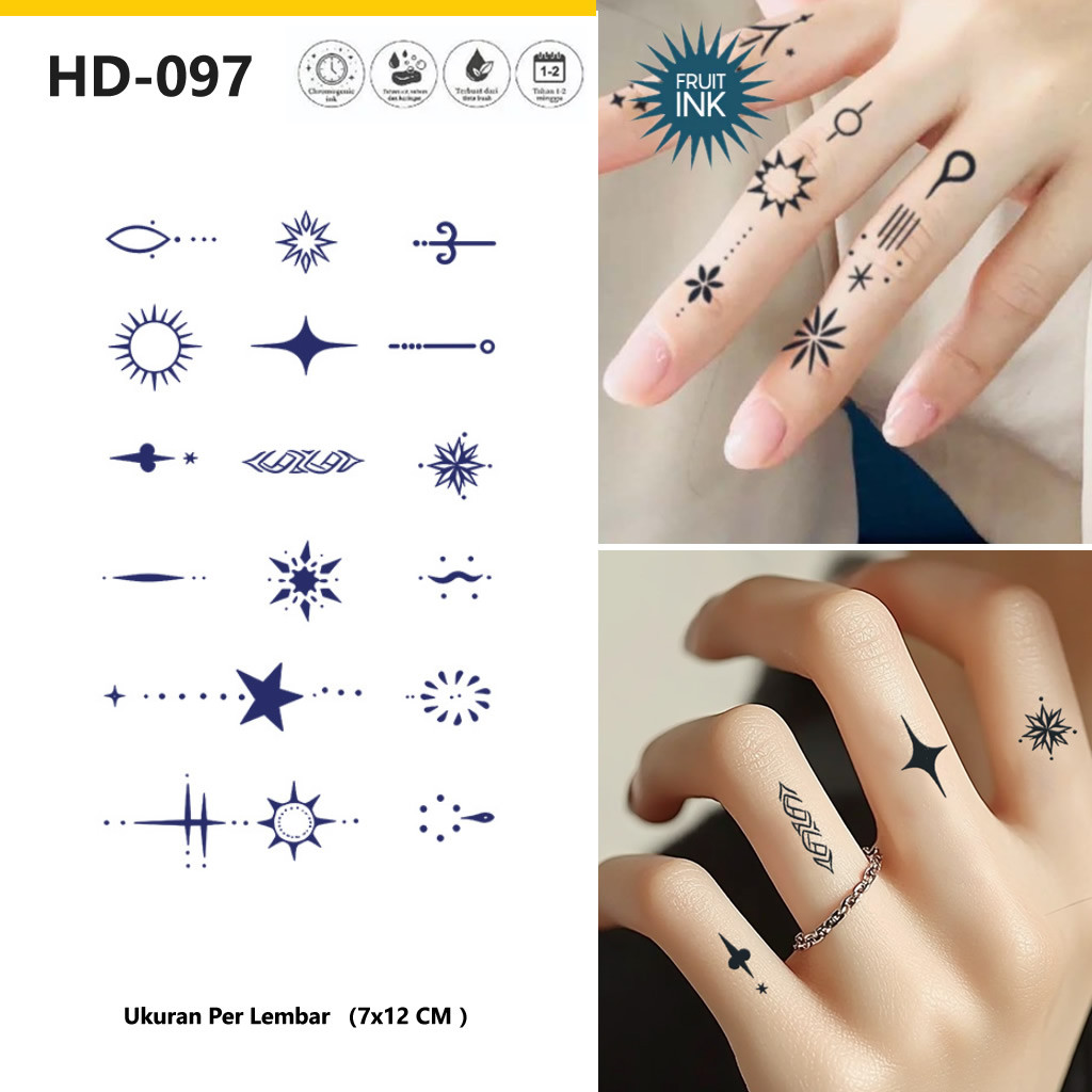 Stiker Tato Tinta Buah Semi Permanen Motif Bintang Matahari Garis Mini Campuran Anti Air Tahan Lama 