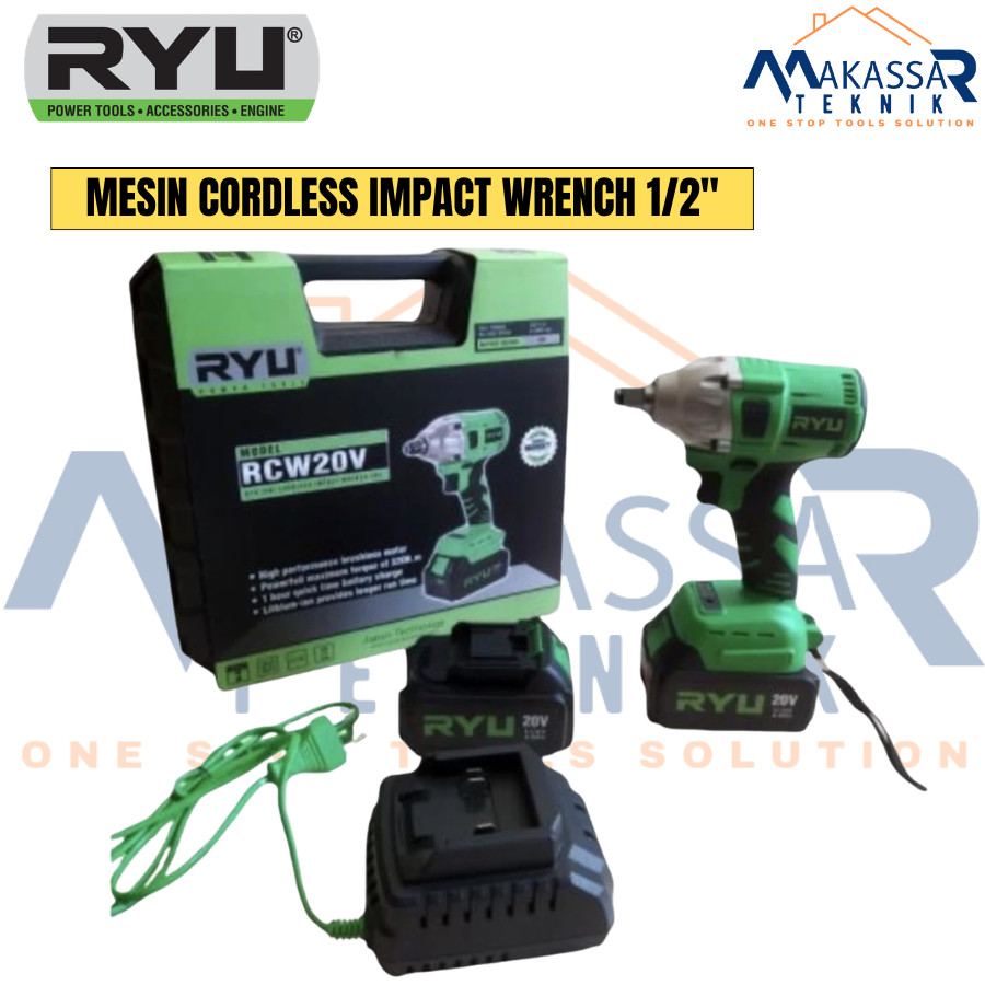 RYU Cordless Impact Wrench 20V Brushless Mesin Pembuka Baut Baterai Kunci Impact Cordless untuk Mobi