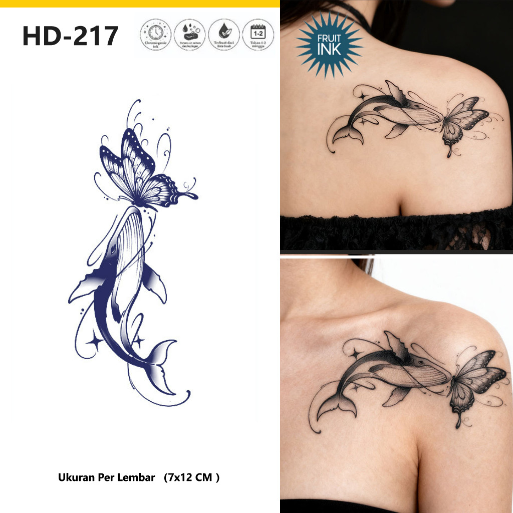 Stiker Tato Herbal Tinta Buah Semi Permanen Motif Paus Kupu-kupu Bintang Garis Lengkung Anti Air Tah