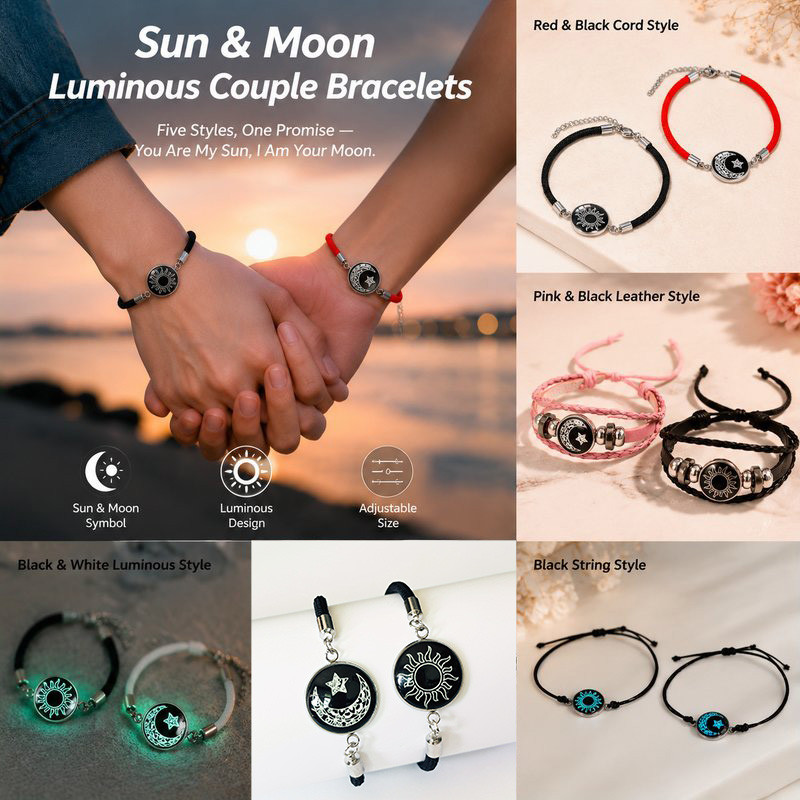 2pcs Gelang bulan Gelang bintang Gelang couple pasangan Cahaya Malam Gelang couple matahari dan bula