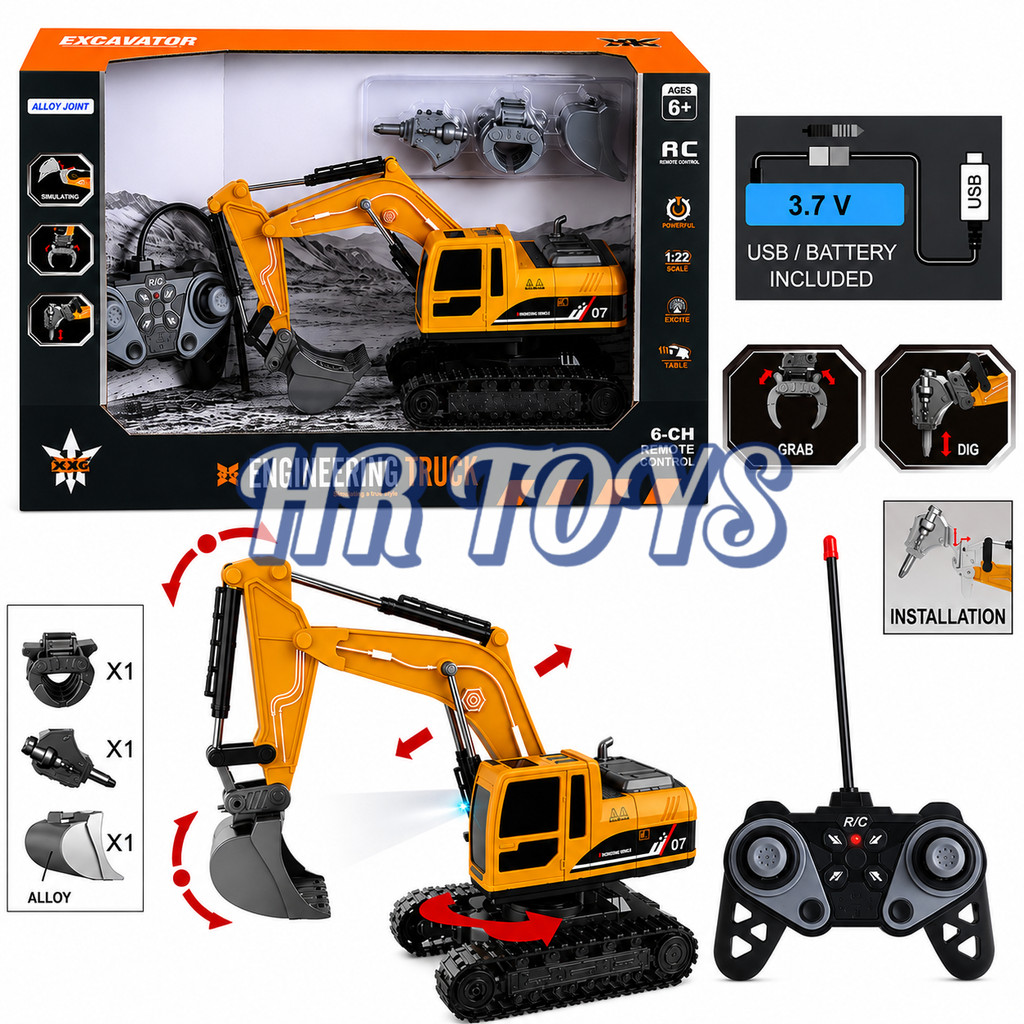 RC Beko 3 Capit 6CH Skala 1:22 Mainan Konstruksi Excavator Cas Rechargeable