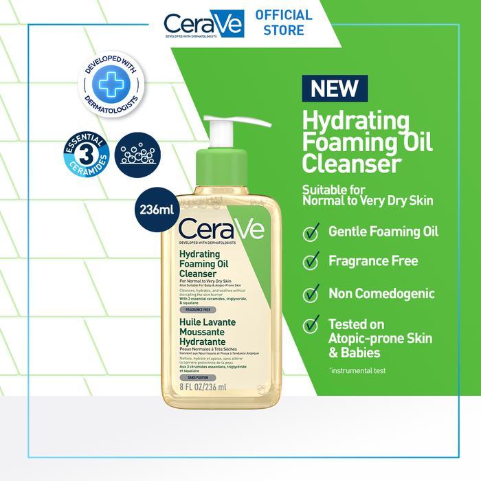 CeraVe Hydrating Foaming Oil Facial Cleanser 236ml - Gentle Face Wash yang melembabkan untuk kulit k