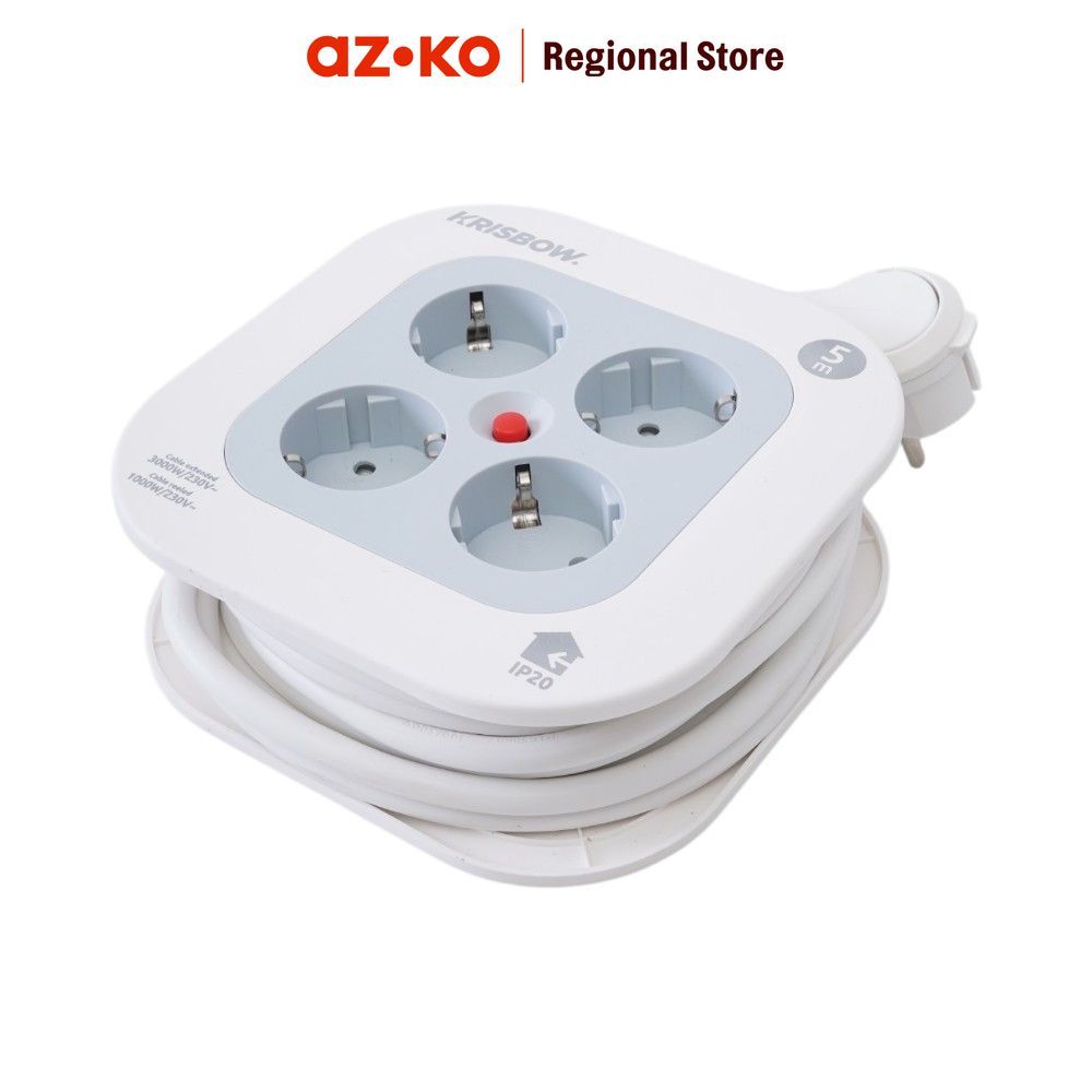 AZKO Krisbow 5 mtr Kabel Roll Mini 4 Soket - Putih Gulungan Listrik Rol Kabel Power Reel Kabel Panja