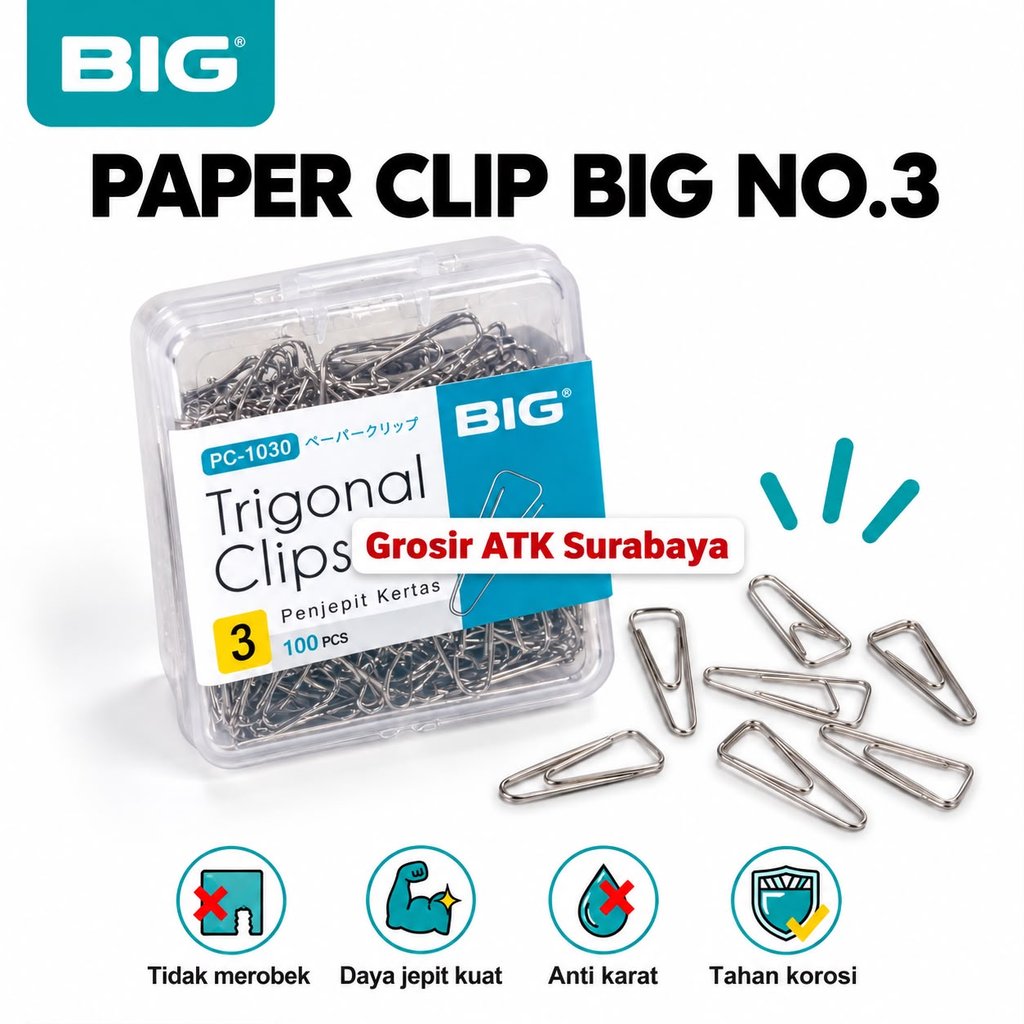 ( DAPAT 1 KOTAK ) PAPER CLIP KOTAK BIG NO.3 PC-1030 / Trigonal Clip Klip Penjepit Kertas BIG No.3 De
