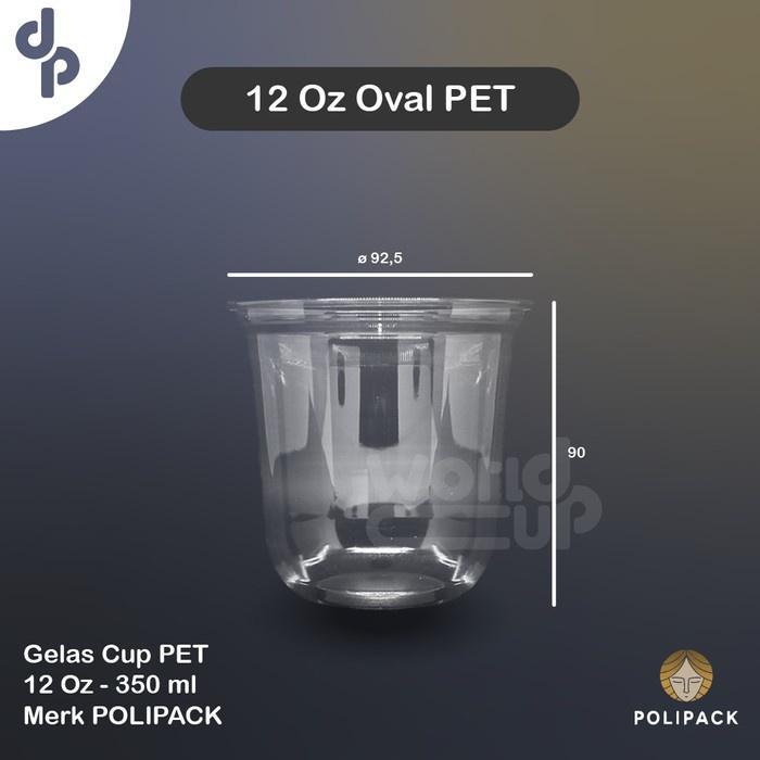 Paket Gelas Cup PET + Strawless Lid Sippy Anti Tumpah POLIPACK 50 pcs - 12 Oval Bantet, Sippy Lid
