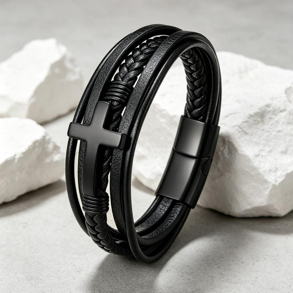 Gelang Salib Pria Mewah – Kulit Asli & Baja Titanium – Tersedia dalam warna Emas, Hitam, dan Perak