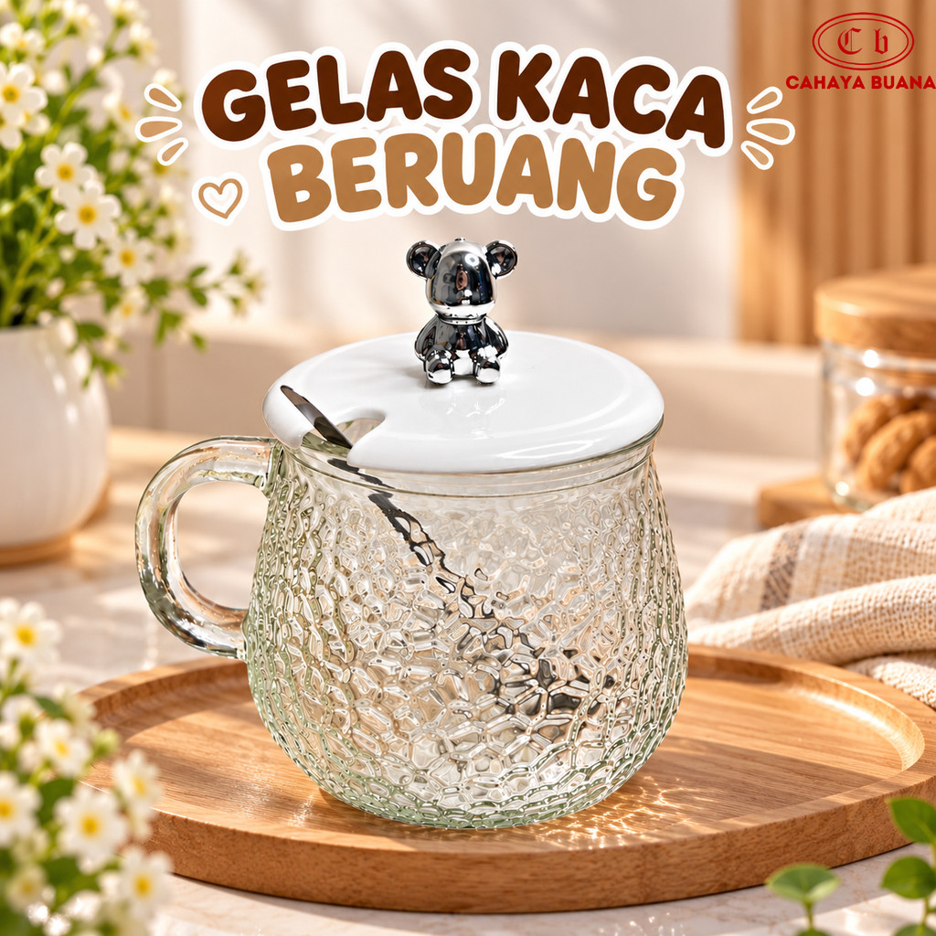 Gelas Kaca Beruang Lucu Estetik /Gelas Kaca Bear Motif Timbul Gelas Bening dengan Tutup Beruang