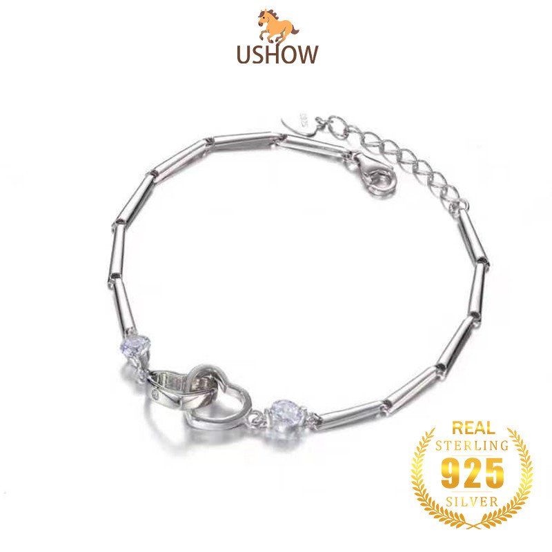 USHOW Gelang Perhiasan Perak S925 Gaya Pasangan Bentuk Hati