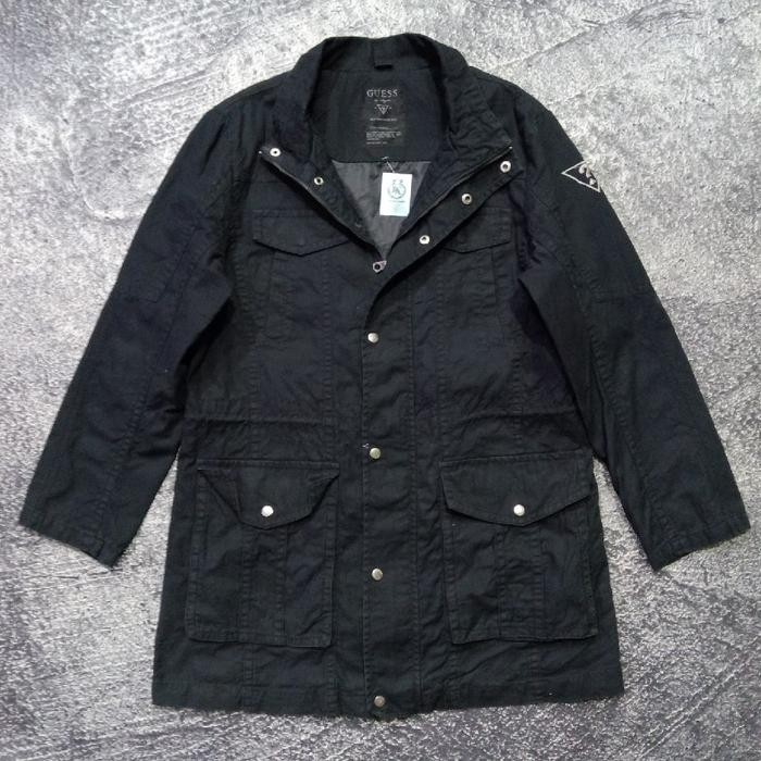 Jaket denim long parka GUESS hitam jaket casual bagus size XL