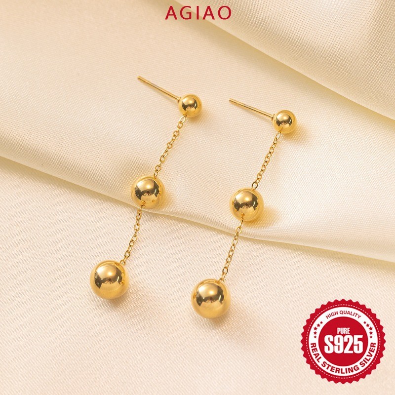 AGIAO Anting-anting Stud Rumbai Bola Kecil Halus Emas Titanium Steel Berlapis Emas 18k Vintage Panja