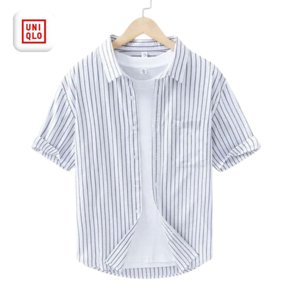 Kemeja Pria Slim Fit Motif Garis Vertikal Salur Putih Lengan Pendek / Panjang – Casual & Formal Prem