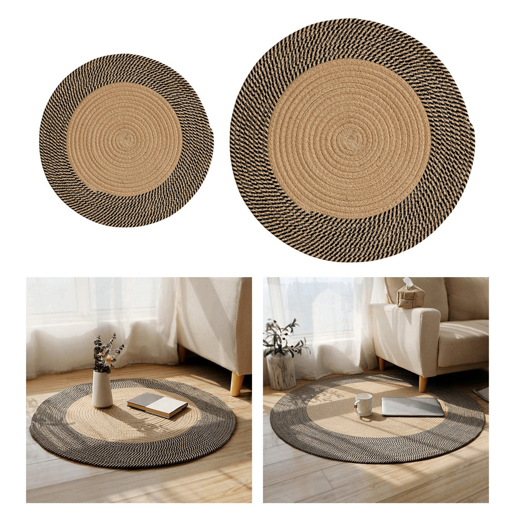 Round Handwoven Retro Bedside Floor Mat Jute Woven Mat Braided Rug Soft Carpet Reversible Area Rugs 