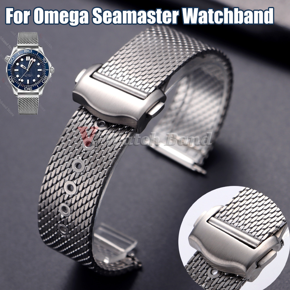 For Omega Seamaster 20mm Silver Mesh Bracelet Flat Interface Stainless Steel Wat- Strap 20MM for Ome
