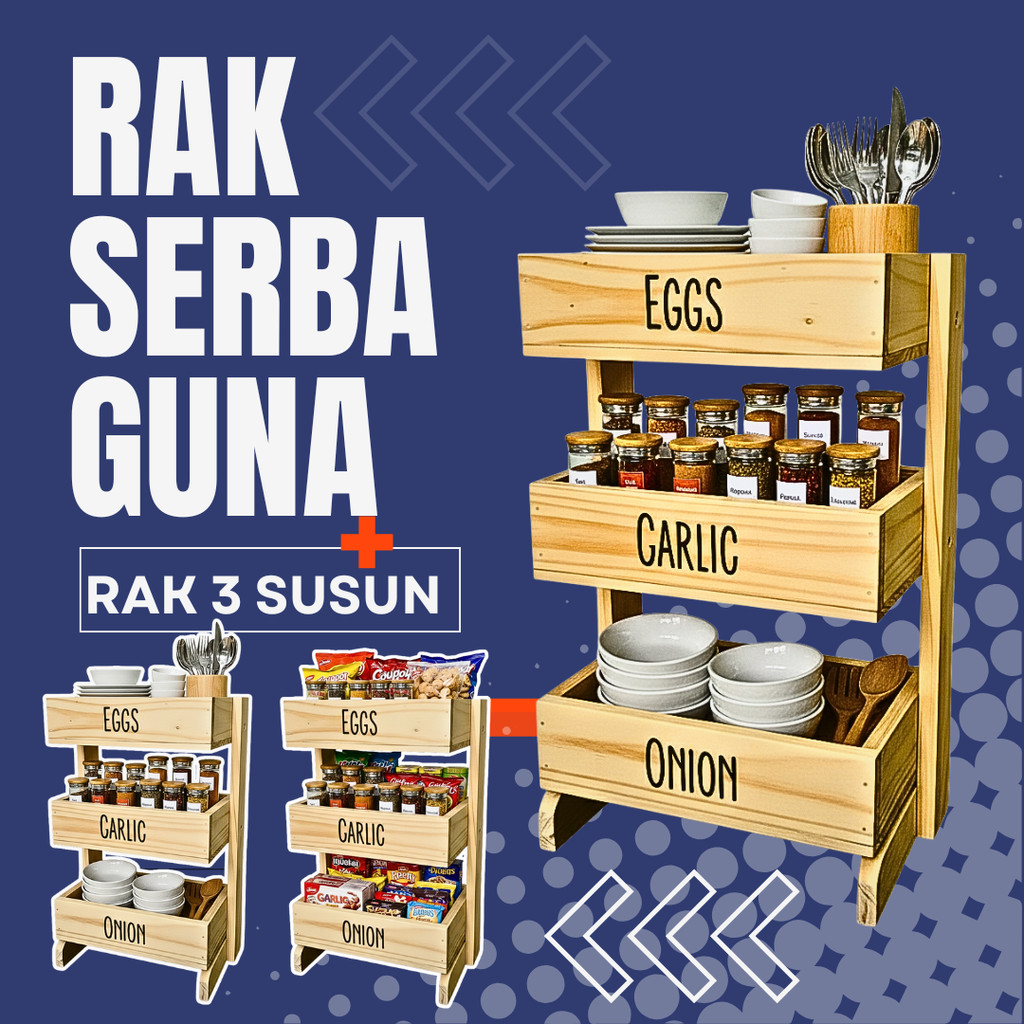 Rak bawang kayu 3 susun / Rak dapur / Rak kosmetik/ Rak perkakas/ Rak bawang