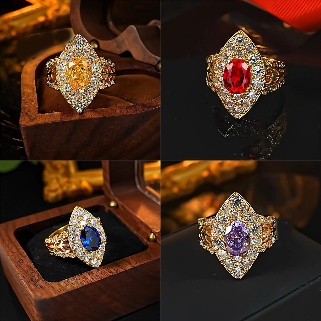 French Vintage Plated24k Real Gold Pigeon Blood Red Corundum Ring Light Luxury Temperament Ice Flowe