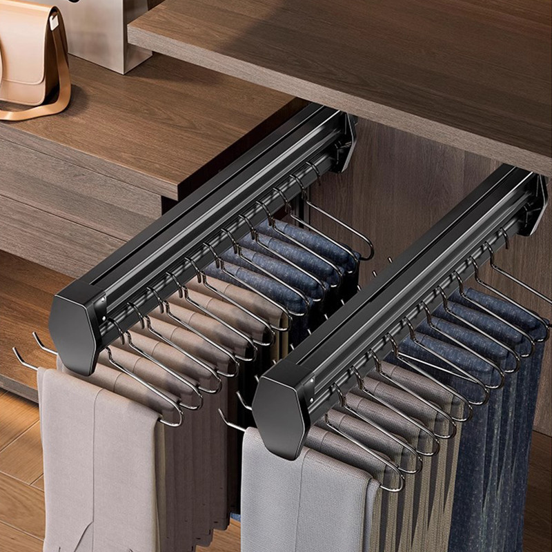 Multifunctional Wardrobe Trouser Hanger with Built-In Telescopic Pants Storage Pull-Out Clothes Rail