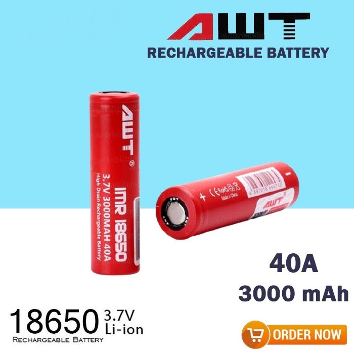Baterai Battery 18650 AWT 3000MAH 3000mah 40A Baterai AWT Merah