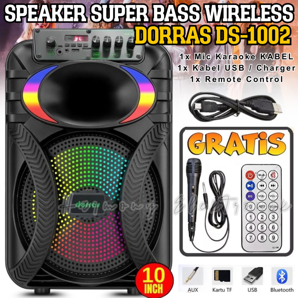 UKURAN BESAR Speaker Super Bass Wireless Dorras Ds 1002 | Speaker Bluetooth Led Subwoofer 10 Inch De