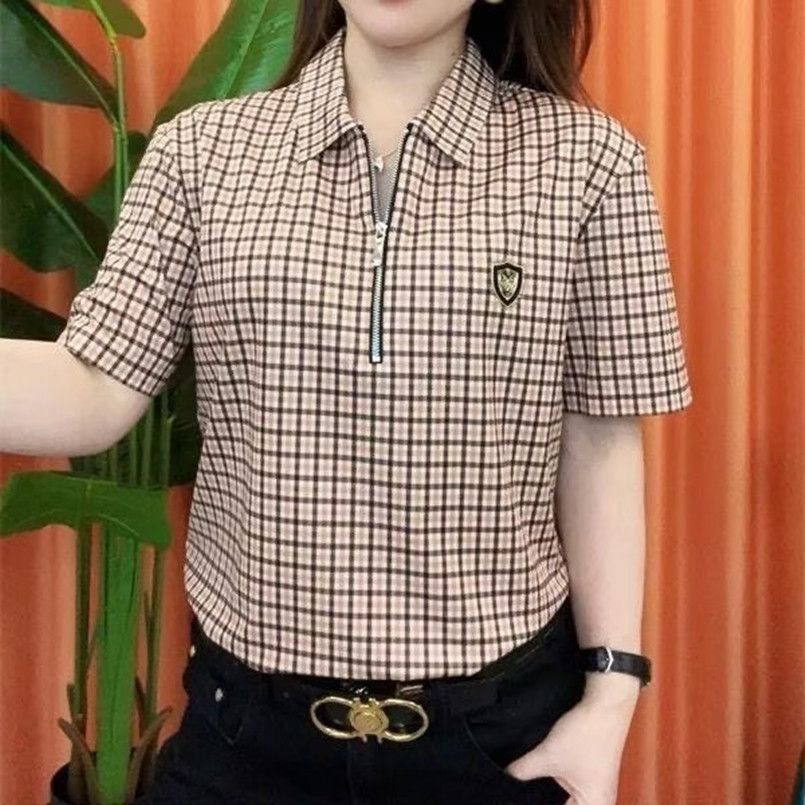 kaos pria lengan pendek kotak kotak kemeja polo lapel top