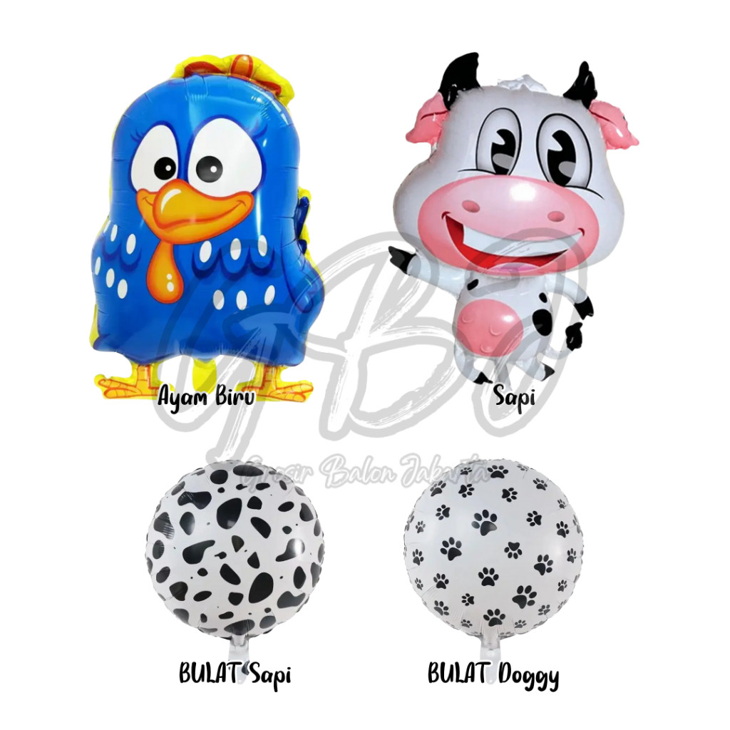Balon Foil JUMBO Farmville / BULAT Motif Sapi / Ayam Biru / Doggy / Peternakan Binatang / Farm / Ter