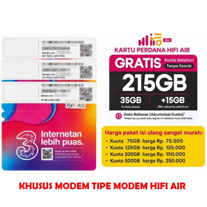 [BARU] Kartu Perdana Hifi Air Tri 215 GB - 1 Tahun - Khusus Modem Wifi Hifi Air - Sim Card Support 4