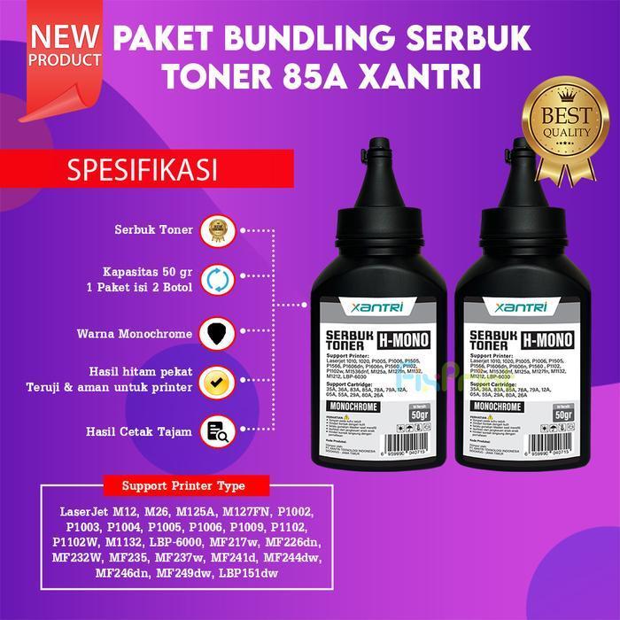 TONER CATRIDGE Premium Xantri 85A 1102 Cann 325 P1102 P1102W 35a 78a 36a Serbuk 85A 50gr Premium Gra