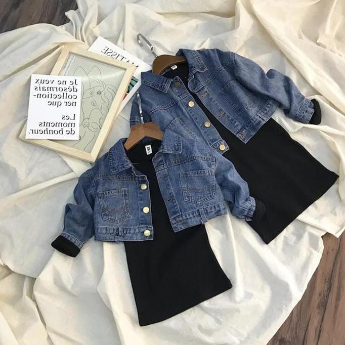 New Era Set Dress + Jaket Jeans Anak Polos Perempuan 1-6 Tahun