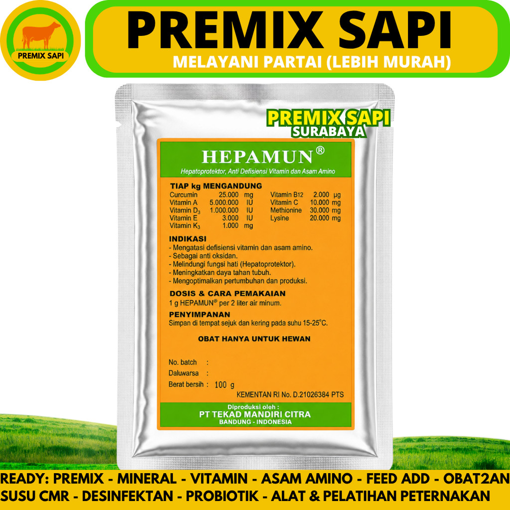 HEPAMUN 100 GRAM Hepatoprotektor Vitamin Asam Amino Curcuma Perbaiki Fungsi Hati Ternak Ayam Sapi
